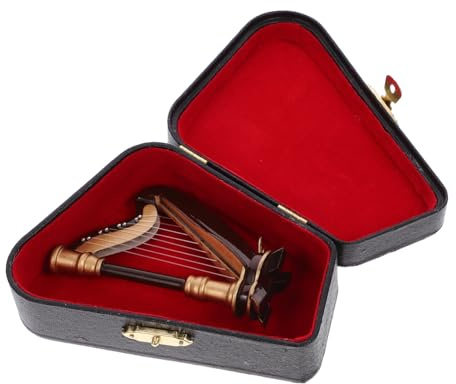FUNNETOYU Miniatura Arpa in Legno con Scatola Strumento Musicale Decorativo per Micro Paesaggi e Casa delle Bambole Artigianale per Regalo Natale