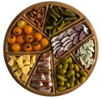 ETUCYNG Holz Servierplatten 25x25x3cm Großes Servierbrett Mit 8 Abnehmbaren Fächern Käseplatte Set Robust & Nachhaltig Snack-Schalen Für Steak, Sushi, Steakbrett Steakteller Käsebrett Grillbrett