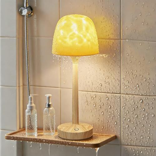 Funlenry Shower Lamp - Waterproof Bathroom Lamp with 16 Color Ocean Wave Projector, Cordless Light for Inside Shower/Bathtub Bedroom Living Room Kitchen Decor (Wood Grain)