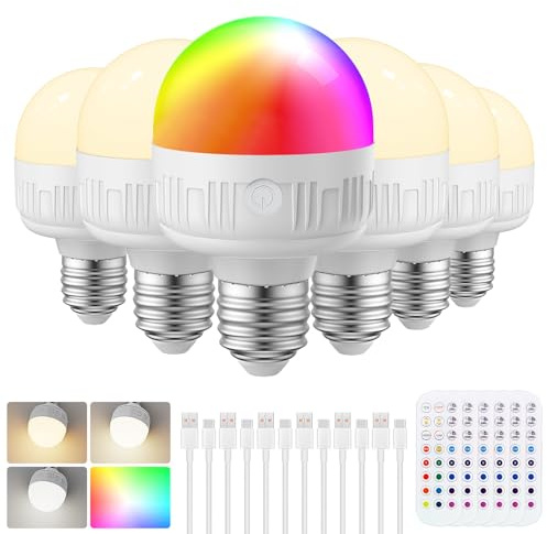 LGMCF Bombilla recargable con mando a distancia, E27, intensidad regulable, colores RGB, bombilla LED con batería, 8 W de control táctil con función de temporización, luz de emergencia con magnético