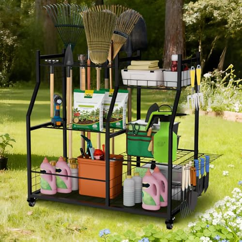 UNHO Carrello Porta Attrezzi da Giardino 5 Livelli Rastrelliere attrezzi | Scaffale Metallo Garage con Ruote porta Scope Organizzatore Cucina con Ganci, 92x40x95cm