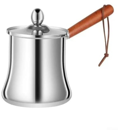 Petite casserole en acier inoxydable avec bec verseur et poignée en bois pour induction, gaz, électrique, thé, lait (550 ml)