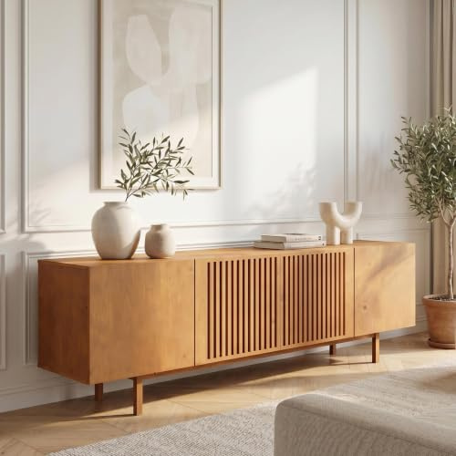 IDIMEX Lowboard Linn, 180 cm aus Massivholz, Eiche Finish - TV Lowboard mit Lamellentüren, TV Schrank aus Kiefernholz, Sideboard für Wohnzimmer und Flur, niedrige Kommode mit Stauraum.