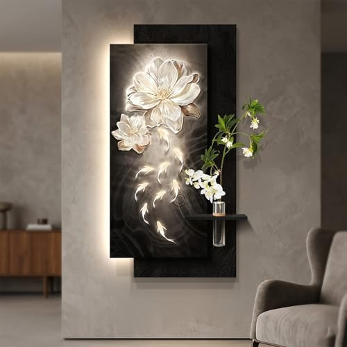 Arte de Pared 3D LED de Arenisca Texturizada, Diseño Floral y Nueve Peces, Alimentación Enchufable, Jarrón de Vidrio con Planta Artificial(50x100cm(19.7x39.4in),C)