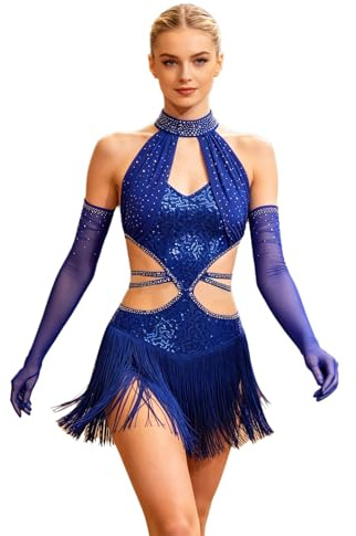 Miaeowve Jazz danskostym, damer, latinamerikanska dansklänningar, ärmlösa fransar, Charleston-klänning, paljetter, strass, glitter, fransklänning, klänning med handskar, Kungsblå, XXL