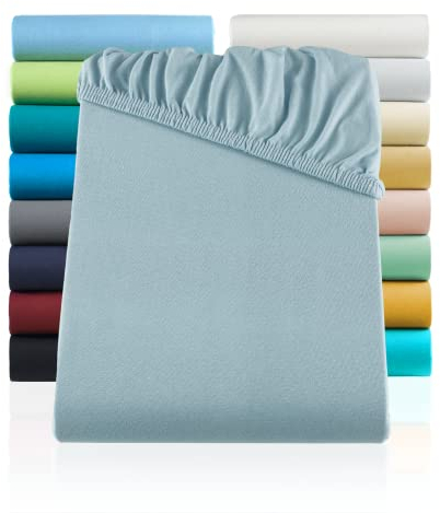 SHC by BaSaTex Jersey Spannbettlaken Bettlaken | Spannbetttuch Spannleintuch für Wasserbetten & Boxspringbetten aus 100% Baumwolle | 200x220 Farbe Rauch Blau - Hellblau