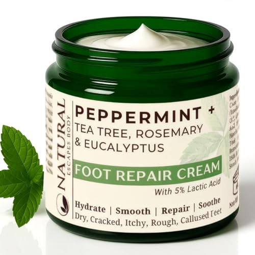 Natural Escapes Peppermint Foot Cream for Dry Cracked Heels & Feet, Heel Repair Cream with Tea Tree, Eucalyptus & Lactic Acid, Softens Calluses, Deep Moisturizing Foot Cream, 4 oz
