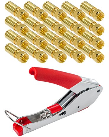 HB Digital 20 Stück Profi Kompressionsstecker vergoldet + Kompressionszange für SAT Kabel, Koaxialkabel mit Durchmesser Ø 6.8 – 7.2 mm
