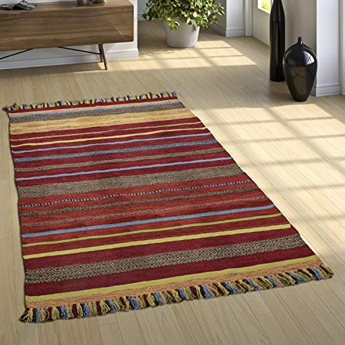 Paco Home Designer Teppich Webteppich Kelim Handgewebt 100% Baumwolle Modern Gestreift Bunt, Grösse:160x220 cm