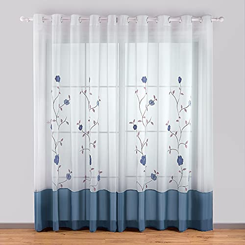 SIMPVALE Vorhänge mit Ösen, Blumenmuster Blau, 140x145 cm (B x H), 2er Set | Transparent Polyester Voile Vorhang, Stores Gardine Schals für Schlafzimmer, Wohnzimmer, Esszimmer, Heimbüro