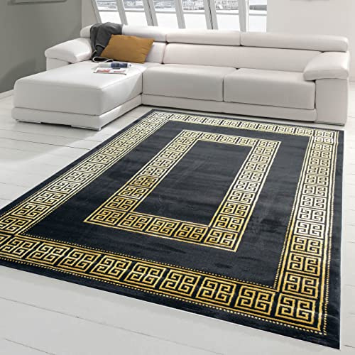 Teppich-Traum Kurzflor Teppich Bordüre Schwarz Gold 160x230 cm | Pflegeleicht, robust, allergikerfreundlich, fußbodenheizungsgeeignet, OEKO-TEX geprüft, maschinengewebt, 12 mm Flor