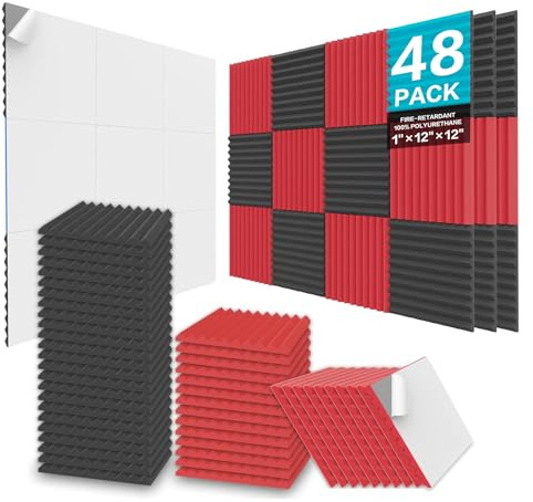 JBER 48 Stück Akustikschaumstoff Selbstklebend, Schallschutzplatten | Hochdichte Akustikpaneele Wandpaneele für Aufnahmestudio, Heimbüro, Schlafzimmer, Spielzimmer, 2,5 x 30 x 30 cm, Schwarz Rot