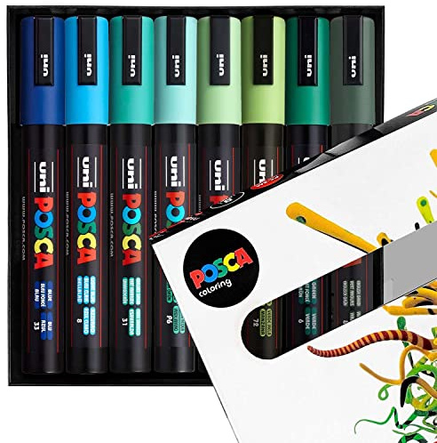 Posca PC-5M Farbmarker, Kunststifte, 1,8–2,5 mm, Set mit Blau-Grün-Tönen, 8 Stück in Geschenkbox