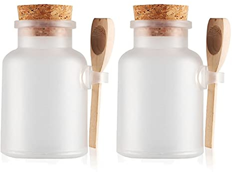 TIANZD 2 Pack 500ml Matte Plastic Bath Salt Storage Jars with Cork and Wooden Spoon Empty Kitchen Storage Container for Bath Salt Scrub Mask