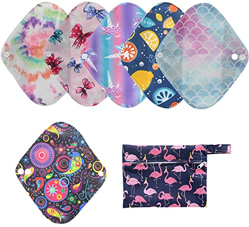 6er Pack wiederverwendbare Damenbinden mit Bambuskohle | Waschbare, wasserdichte, saugfähige Menstruationspads für starke Perioden | Bonus Aufbewahrungstasche (Mehrfarbig, Klein (Packung mit 6))