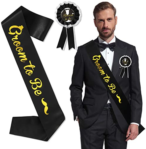 HOWAF JGA Deko Männer, Bräutigam Schärpe Abzeichen Bräutigam Satin Schärpe Groom to Be Schärpe Groom to Be Buttons JGA Buttons JGA Schärpe für Junggesellinnenabschied Bachelorette Party Hochzeit Deko