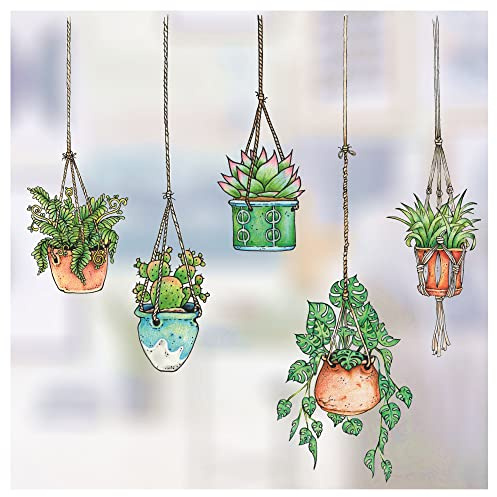 5 x Fensteraufklebern Aufklebern mit Gezeichneten Hängepflanzen Motiven | Hängetopf Glasaufkleber | Doppelseitig und kein Kleber zum Schutz vor Vogelkollisionen