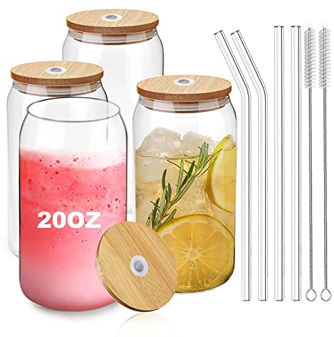 D.M DESIGN·MASTER[4 Pack, 590ML- Premium Glass Cup with Bamboo Lids and Glass Straws, Can Shaped Beer Glasses, Perfect for Beer, Iced Tea and Soda.