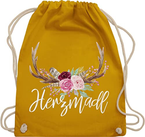 Turnbeutel Rucksack - Kompatibel mit Oktoberfest Tasche - Herzmadl - Unisize - Senfgelb - mitbringsel aus bayern trachtenrucksack bayrische madl stoffrucksack trachtentaschen bayrisch hirsch