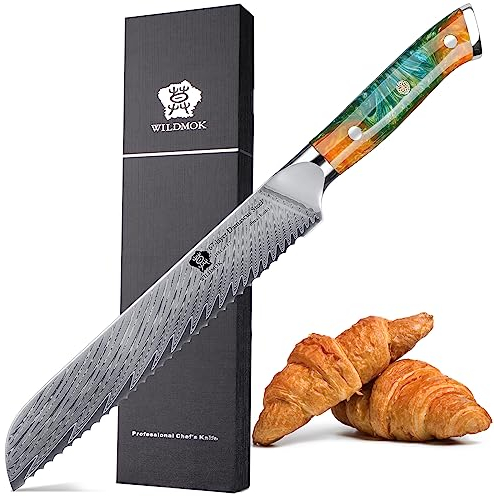 WILDMOK Coltello da Pane Seghettato in Acciaio Damasco, Modello Piuma Coltello da Pane Ultra Affilato Full Tang 20 cm per, Tagliare Torte Serie, Elegante Confezione Regalo
