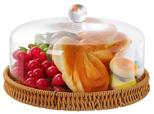 Coloch Imitation Rattan Bread Basket with Acrylic Dome Cover, 10 Inch Round Poly Wicker Woven Fruit Basket Handmade Tabletop Food Serving Basket for Bread, Fruit, Snacks, Vegetable, Kitchen, Party
