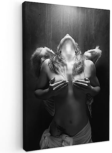 MuchoWow© Erotische Bilder 60x90 cm Wohnzimmer Deko Modern Wandbild Foto auf Leinwand Bild Schlafzimmer Room Decor Geschenke Erotik Frau - Engel - Federn - Porträt - Schwarz und Weiß
