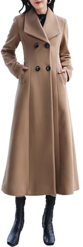 PLAERPENER - Cappotto da donna in lana, doppio petto, lungo, trench invernale, Cammello, 46