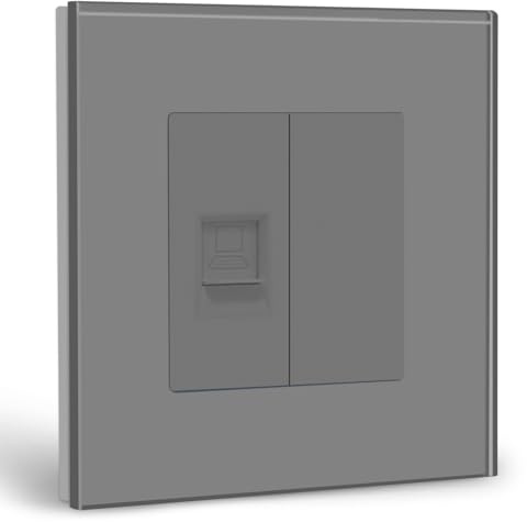 BSEED Wandsteckdose EU Standard 1/2 PC RJ45-Cat5-Ethernet-Buchse, Netzwerkdose, LAN Dose Unterputz mit 1/2 Blank Steckdose Kristallglasplatte Grau 86mm