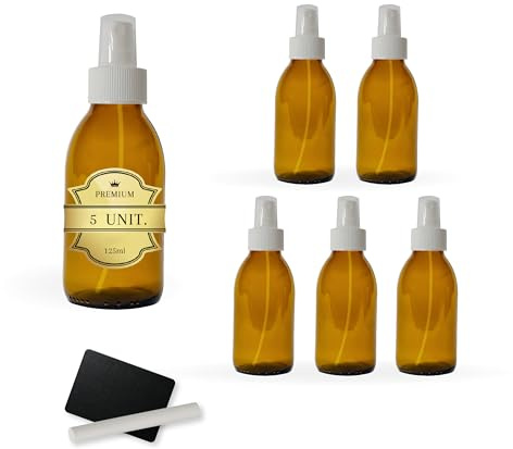 5x sprayflaska i gult glas 125 ml med spraylock + 5 skiffer och krita - eteriska oljor, kosmetika, parfym, hårspray - hudvård och hårvård