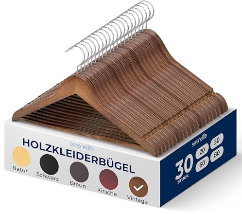 SereneLife Wood Hangers - Space Saving Heavy Duty Slim Suit Clothes Hanger Set with 360 Degree Swivel Metal Hook, Can Hold Up to 10 Lbs. for Coats, Jackets, Pants & Dress (30 Pieces)