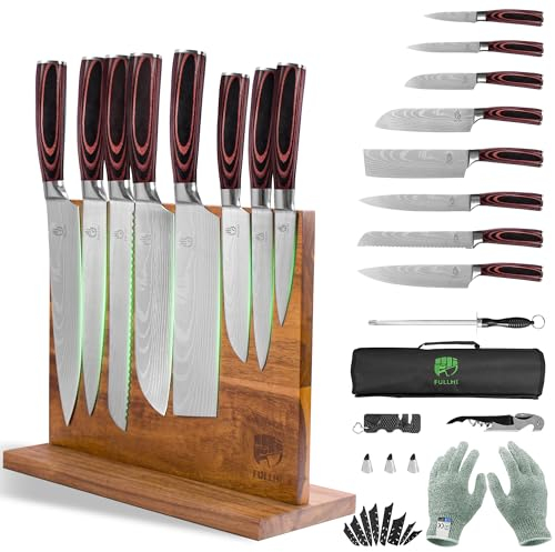 FULLHI Set de 15 couteaux japonais avec support magnétique pour bloc de couteaux, set de couteaux de cuisine en acier inoxydable de qualité supérieure avec sac à couteaux
