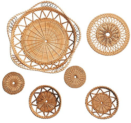 CDQL 6 Stück Boho-Wandkorb-Dekoration, Runde Bauernhaus-Wandhängekörbe, Hängende Gewebte Flache Körbe, Runde Weidenkörbe, Wandkunst, Handgefertigter Rustikaler Wandkorb für (1)