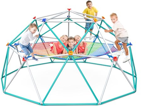 Hapfan Climbing Dome with Climbing Cargo Net, 10 ft Dome Jungle Gym with Hammock for Kids Outdoor Playset Monkey Bars Backyard