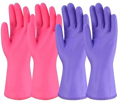 2 Pairs Rubber Oil-Proof Gloves with Cotton Lining Waterproof Long Sleeve Gloves for Dishwashing, Household Cleaning(Pink+Purple)