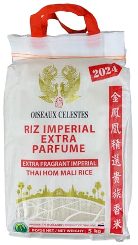 Riz Thai Impérial 2024 Extra Parfumé Qualité Premium 5kg/sac - Expédition depuis France par la Sté Bo Time - Un sachet de chips à la crevette 200g offert par commande (20, Kilogrammes)