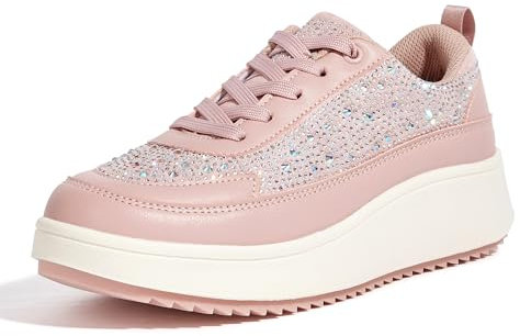 LUCKY STEP Damen-Plateau-Sneaker mit Strasssteinen, Modisch Klobig Lässig Funkelnd Retro-geflochtene Walking Schuhe (Rosa Strass, 9US-40EU-7UK)