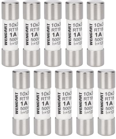 Wengart 10 fusibles cilíndricos CA RT18-32 (RO15), 10 unidades, 10 x 38 mm, CA500V,1A 120 kA, fuerte capacidad de conmutación, puede proteger el circuito de forma fiable