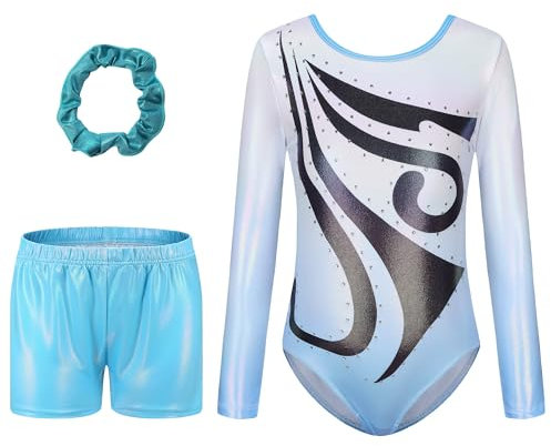 FEOYA Mädchen Turnanzug Langarm Kinder Gymnastikanzug Turnen Trikot Shorts Haarband Set Tanzen Kleidung Rundhalsausschnitt Dancewear Glänzend Strassstein Trikotanzug Gymnastik Leotard 9-10 Jahre