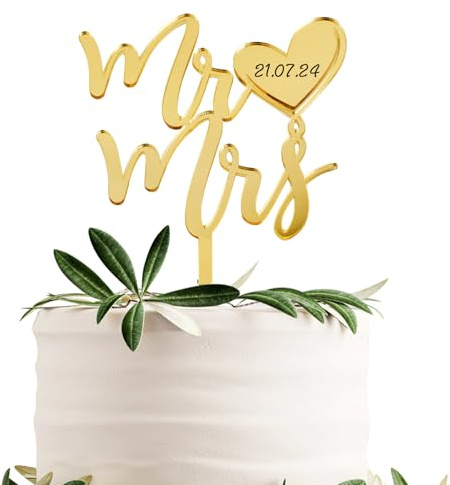 BOOMTOP Mr & Mrs Cake Topper - Gold Acrylic Mirror Love Heart Wedding Engagement Bridal Shower Anniversary Party Cake Decoration