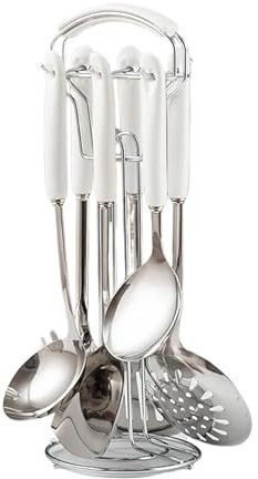plbse 7pcs Kitchen Cooking Stainless Steel Utensils Set With Holder,Nonstick Ceramic Handle Cooking Tools Gadgets Spatula Set With Storage Organizer Stand Cookware Kitchenware Set Gift (White Silver)