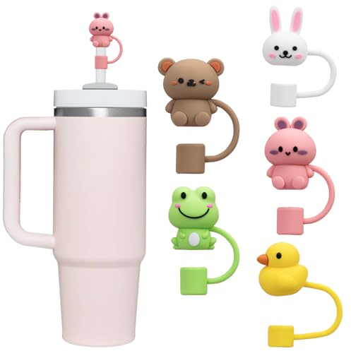 Tapones de paja de 10 mm, tapa de popote para vaso Stanley de 40 y 30 onzas, 5 fundas reutilizables para accesorios de taza Stanley, animales lindos
