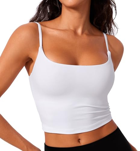 CRZ YOGA Butterlift Womens Scoop Neck Longline Sports BH - U Back Justerbara remmar Workout Crop Linne med inbyggd BH Vit S