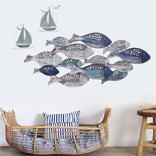 Wanddekoration aus Metall, Fisch, Metall-Segelboot, großer Fischschwarm, Wandkunst, 3D-Schiffs-Wandskulpturen für Küstenstrand oder Bootsdekor