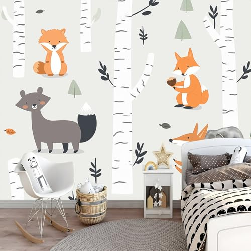 Generico Art Carta Da Parati Fotomurale 350 x 256 cm Forest Birch Forest Fotomurali Camera Da Letto Ufficio Soggiorno Decorazione Muro Murales Cute Woodland Animals Fotomurale