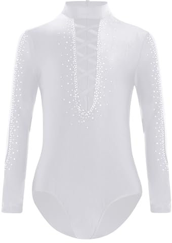Nyeemya Jungen Turnanzug Ballettanzug Turntrikot Langarm Bodysuit mit Strass Gymnastikbody Wettkampf Tanzbekleidung Weiß 158-164