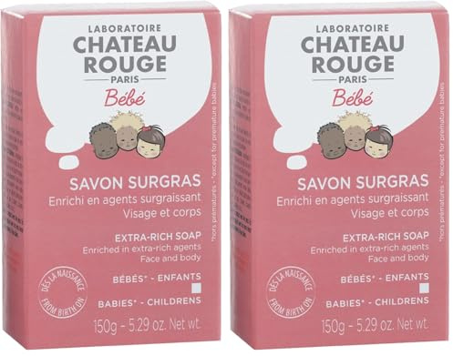 CHÂTEAU ROUGE - Savon Surgras Bébé - Huile d'Olive & Beurre de Karité Bio - Nettoie, Hydrate & Protège - Hypoallergénique - Savon Naturel - Fabrication Française - Pain 150 g (Lot de 2)
