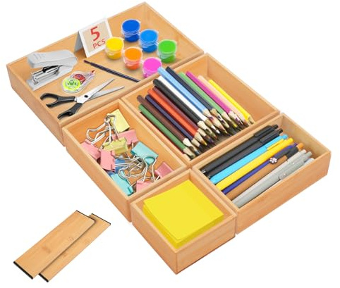 MAIJIAJU 5-Teiliges Schubladen Organizer 5cm Höhe, Bambus Schminktisch Make Up Organizer Box, Mehrere Größen Besteckkasten Aufbewahrungsbox Ordnungsboxen Sortierkasten für Büro Küche Bad (Natur)