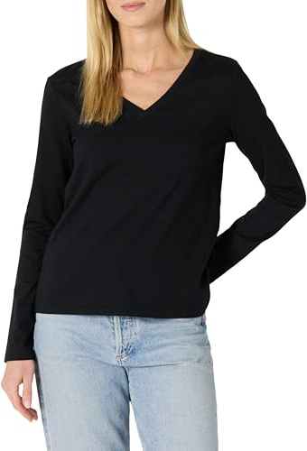 Amazon Essentials Women's 100% Cotton Regular-Fit Long-Sleeve V-Neck T-Shirt, Black, L