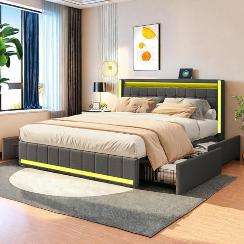 SHAODENG Bett 140x200 mit Lattenrost, Hydraulisches Polsterbett, LED Kopfteil mit Staufach und USB Ladefunktion, Funktionsbett Stauraumbetten Jugendbett Rückenlehne Bettgestell, 4 Stahlschubladen
