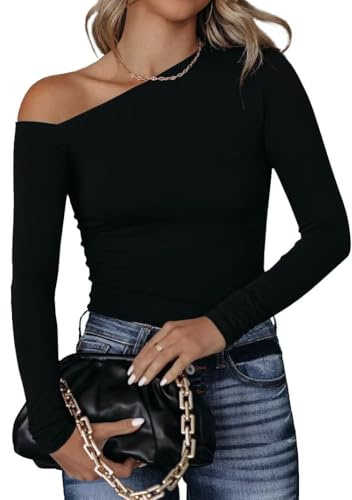 LACOZY Womens Off The Shoulder Tops Sexy Long Sleeve Shirts Fall Ribbed Knit Slim Fit Going Out Trendy Tops Blouses Black M